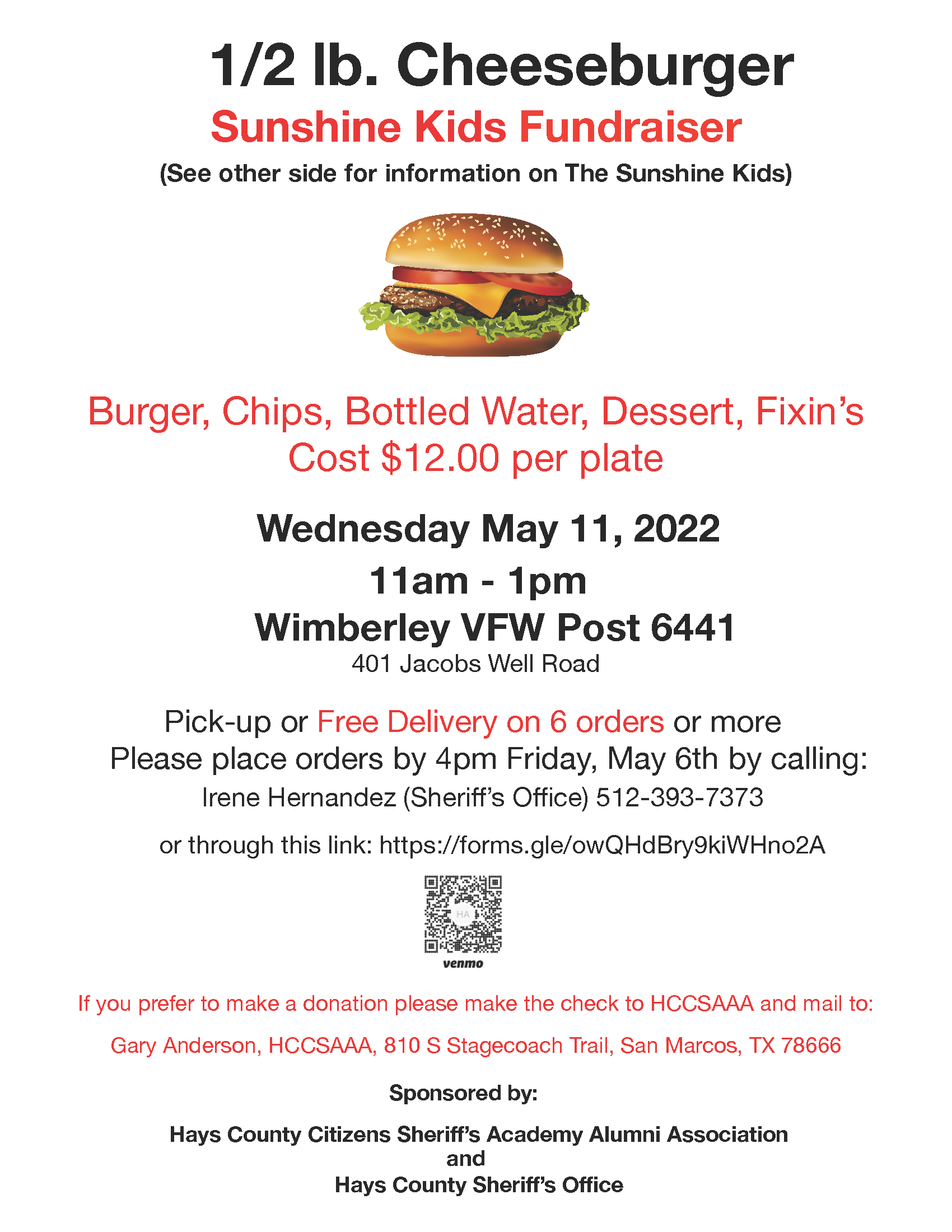 Volunteer Opportunity: Sunshine Kids Cheeseburger Lunch Fundraiser (Wimberley VFW) @ Wimberley VFW Post #6441